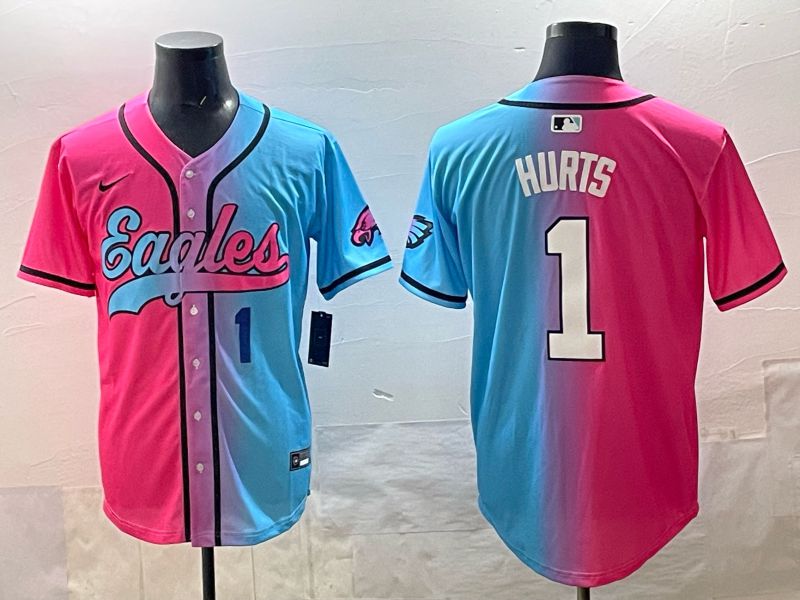 Men 2025 Philadelphia Eagles #1 Hurts Blue pink Nike Limited NFL Jersey style 05